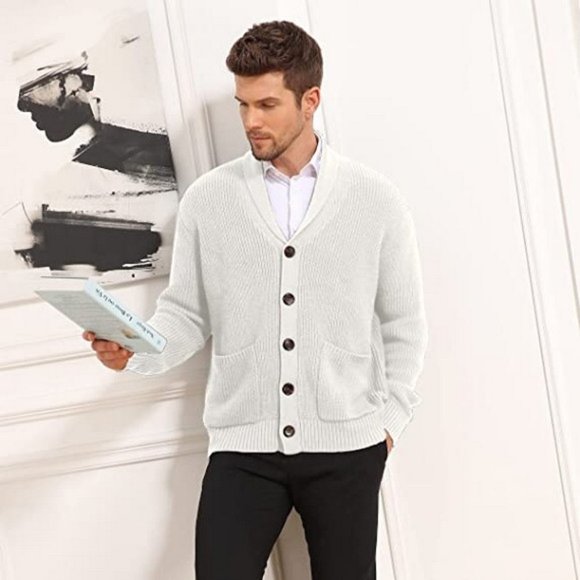 MENS Cardigan Sweater Casual Soft Shawl White - Picture 3 of 5